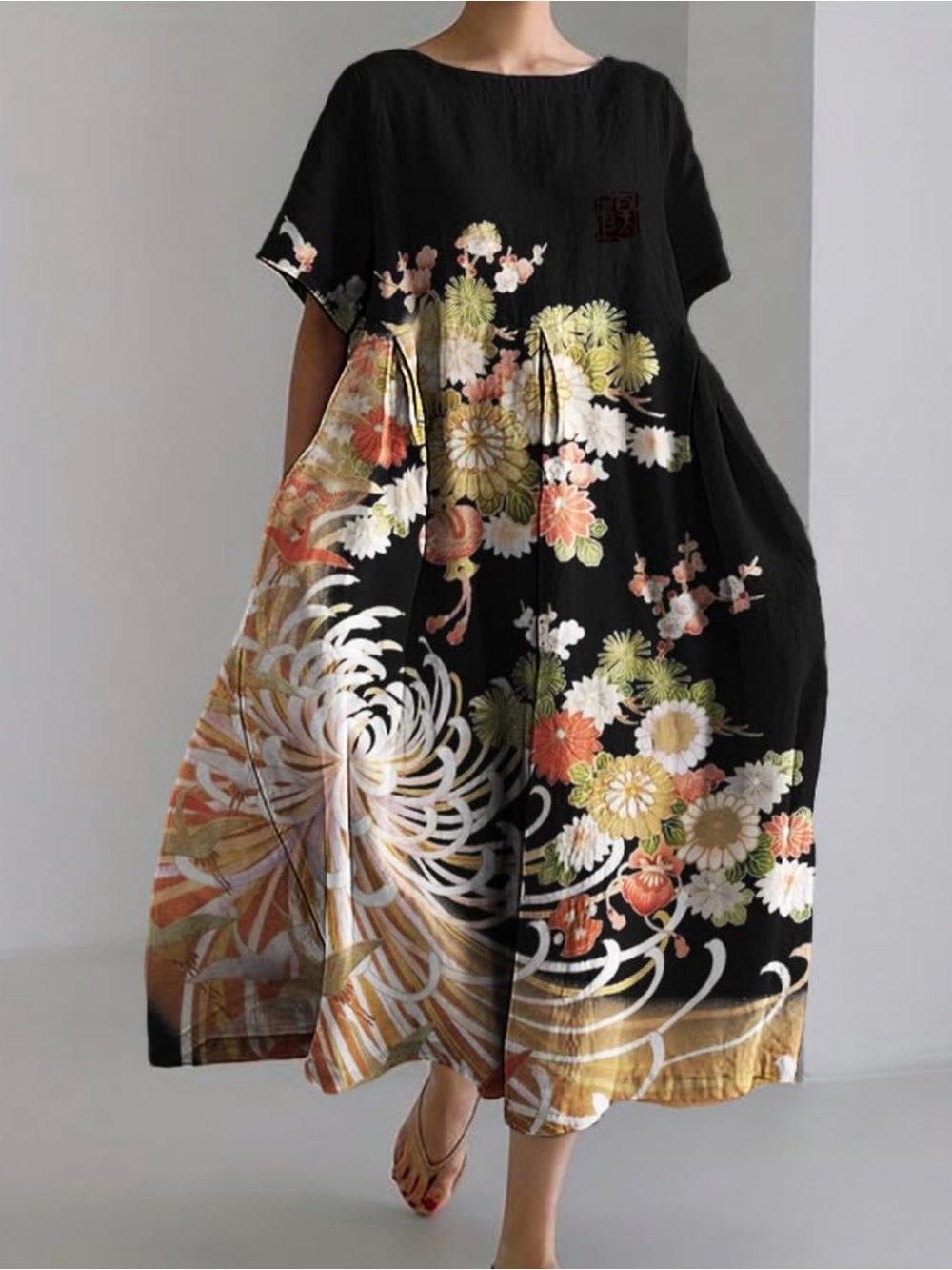 Vintage Floral Black and Pink Maxi Dress